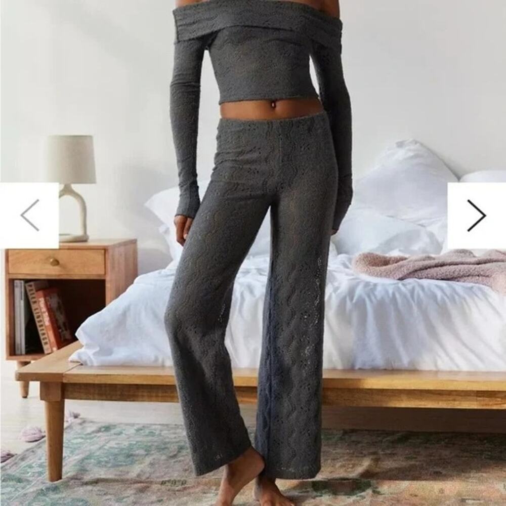 UO Out From Under Dark Gray Caroline Cozy Lace Wide Leg Lounge Pant Size S